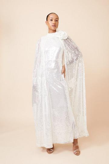 Ivory White Sequin Rosette Cape Maxi Dress