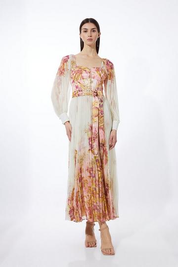 Petite Border Floral And Satin Pleated Woven Maxi Dress floral