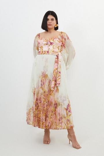 Plus Size Border Floral And Satin Pleated Woven Maxi Dress floral