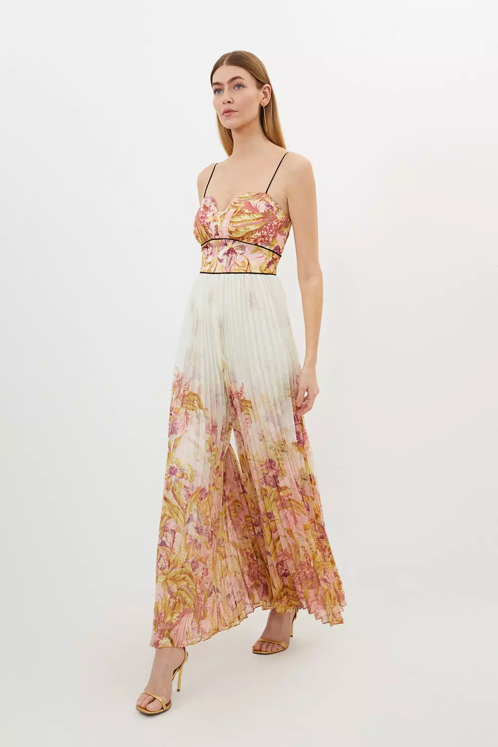 Border Floral And Satin Pleated Jumpsuit alternative image