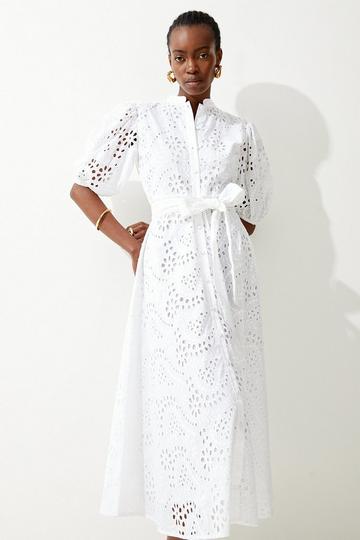 White Petite Cotton Broderie Belted Woven Midi Dress