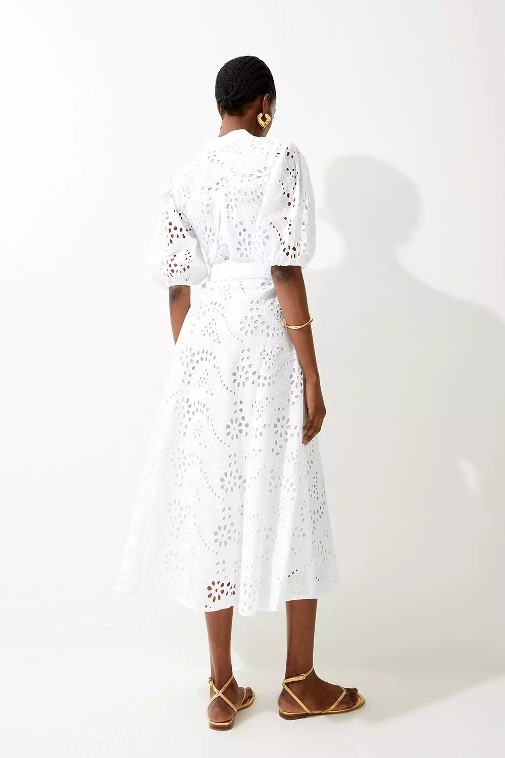 Petite Cotton Eyelet Belted Woven Midi Dress | Karen Millen