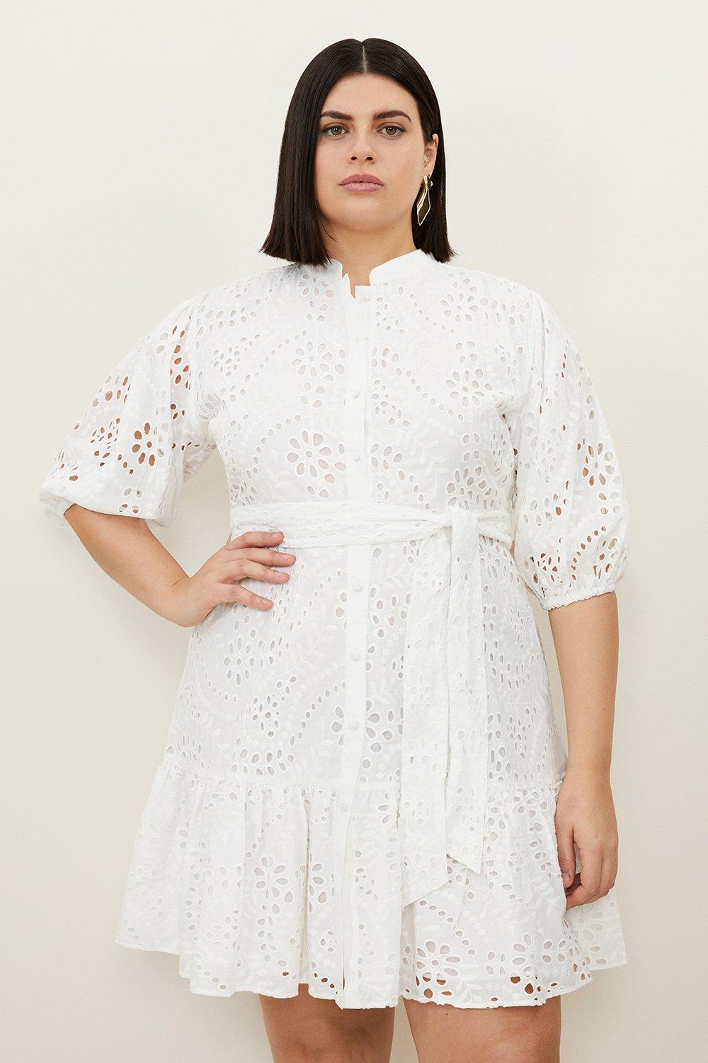 Plus Size Cotton Eyelet Woven Tie Waist Mini Dress | Karen