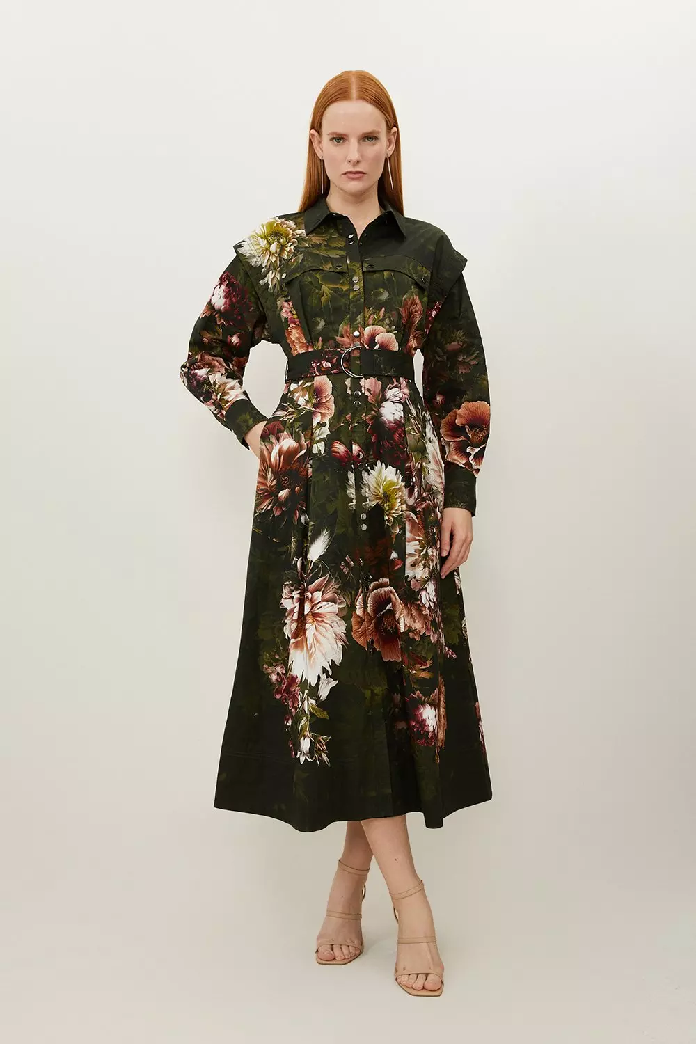 Placed Floral Cotton Sateen Shirt Dress | Karen Millen