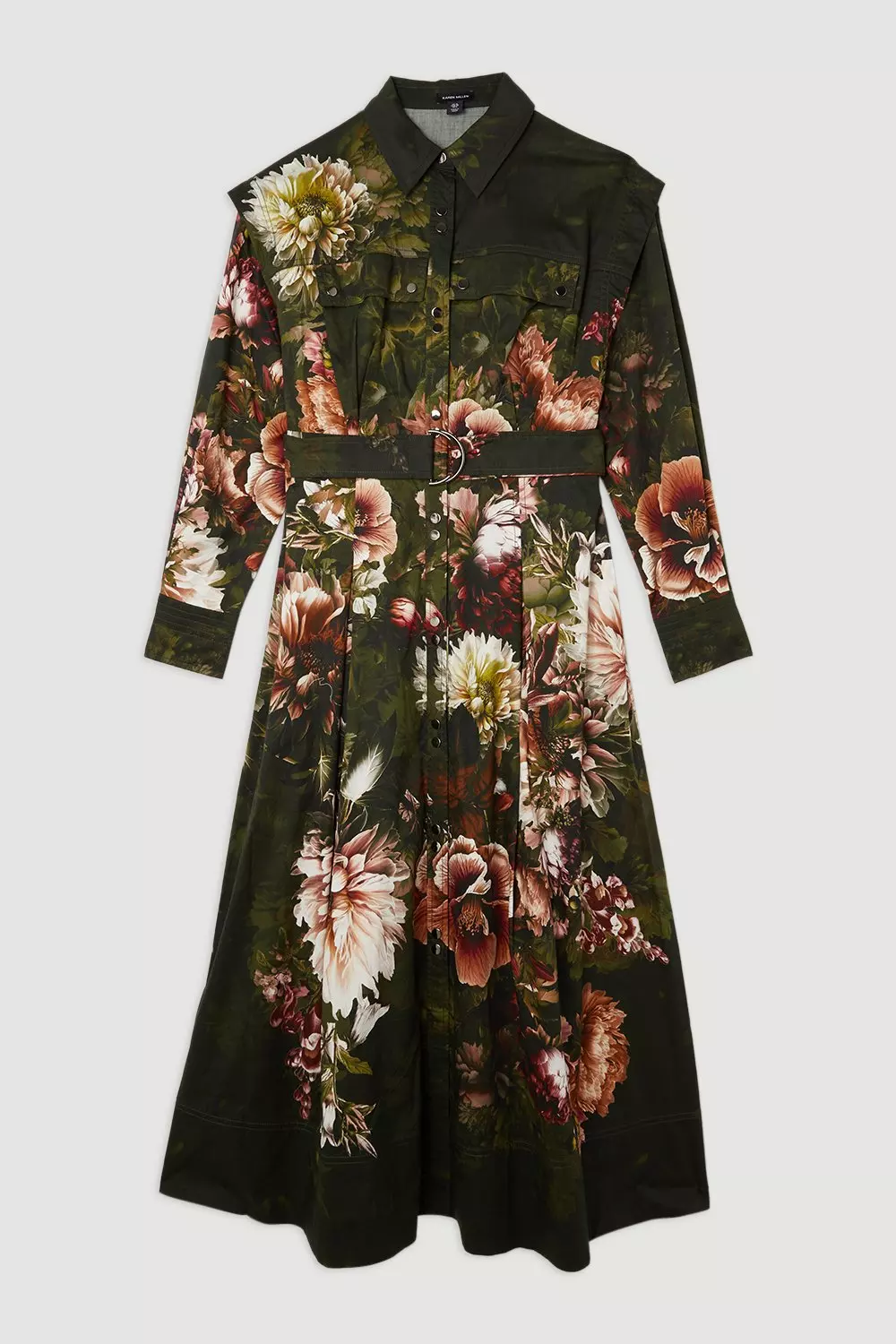 安心追跡【KAREN MILLEN】フローラル柄コットンシャツワンピ Placed Floral Cotton Sateen Shirt Dress | Karen Millen