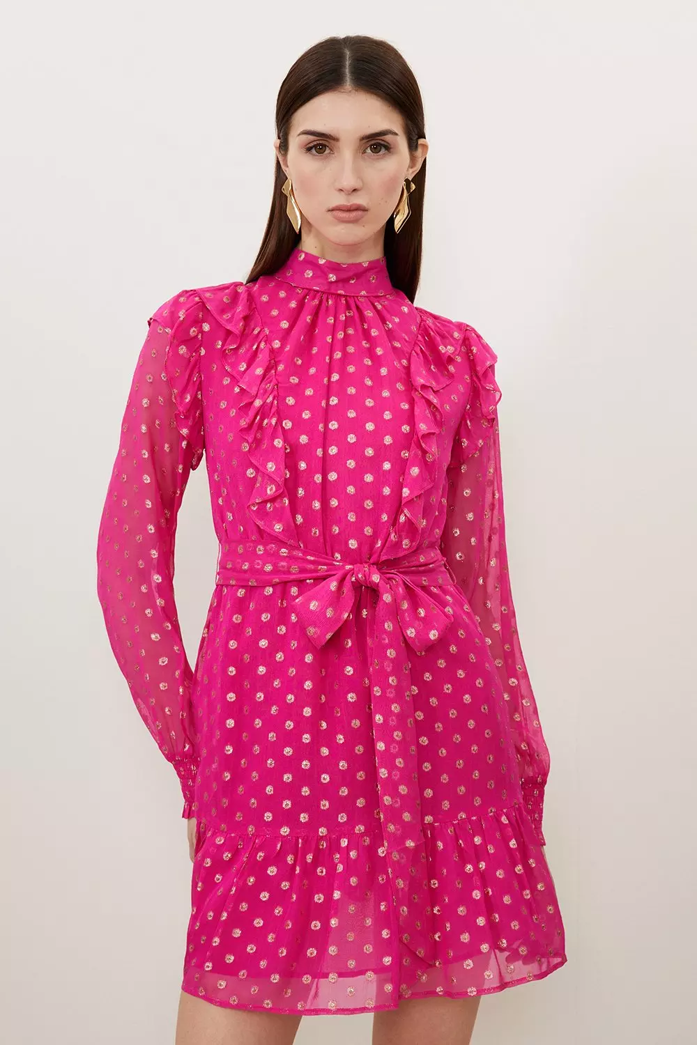 High Neck Metallic Viscose Georgette Woven Mini Dress Karen Millen