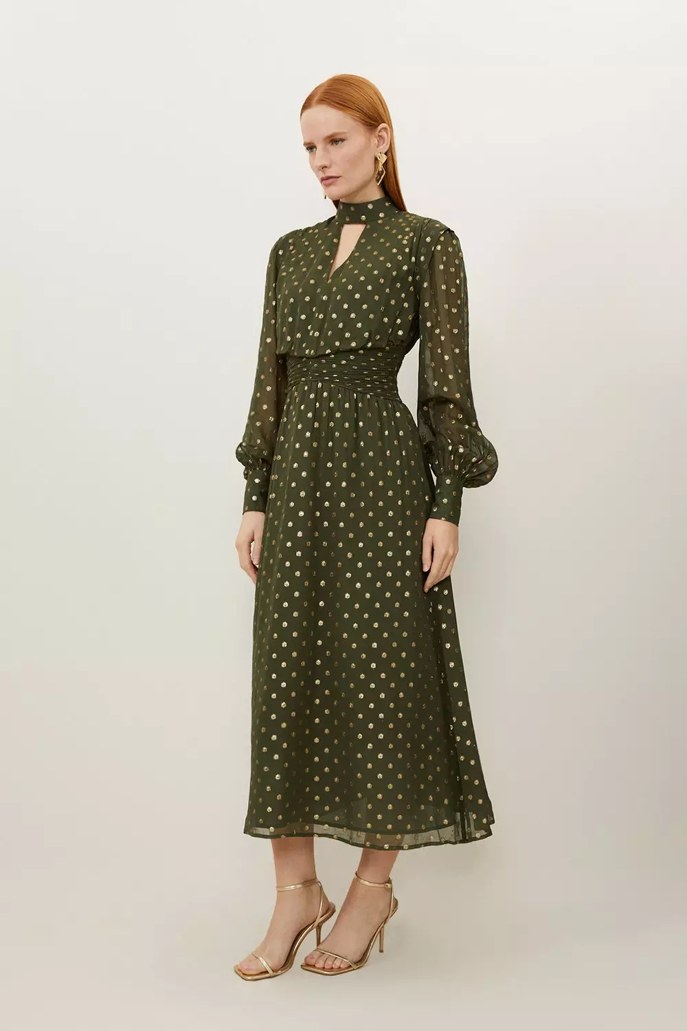 High Neck Metallic Viscose Georgette Woven Maxi Dress | Karen Millen