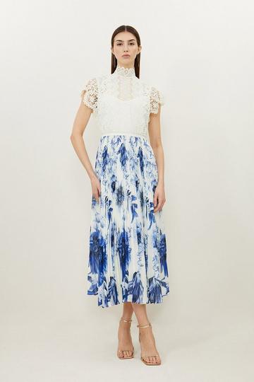 Blue Guipure Lace Floral Print Woven Maxi Dress