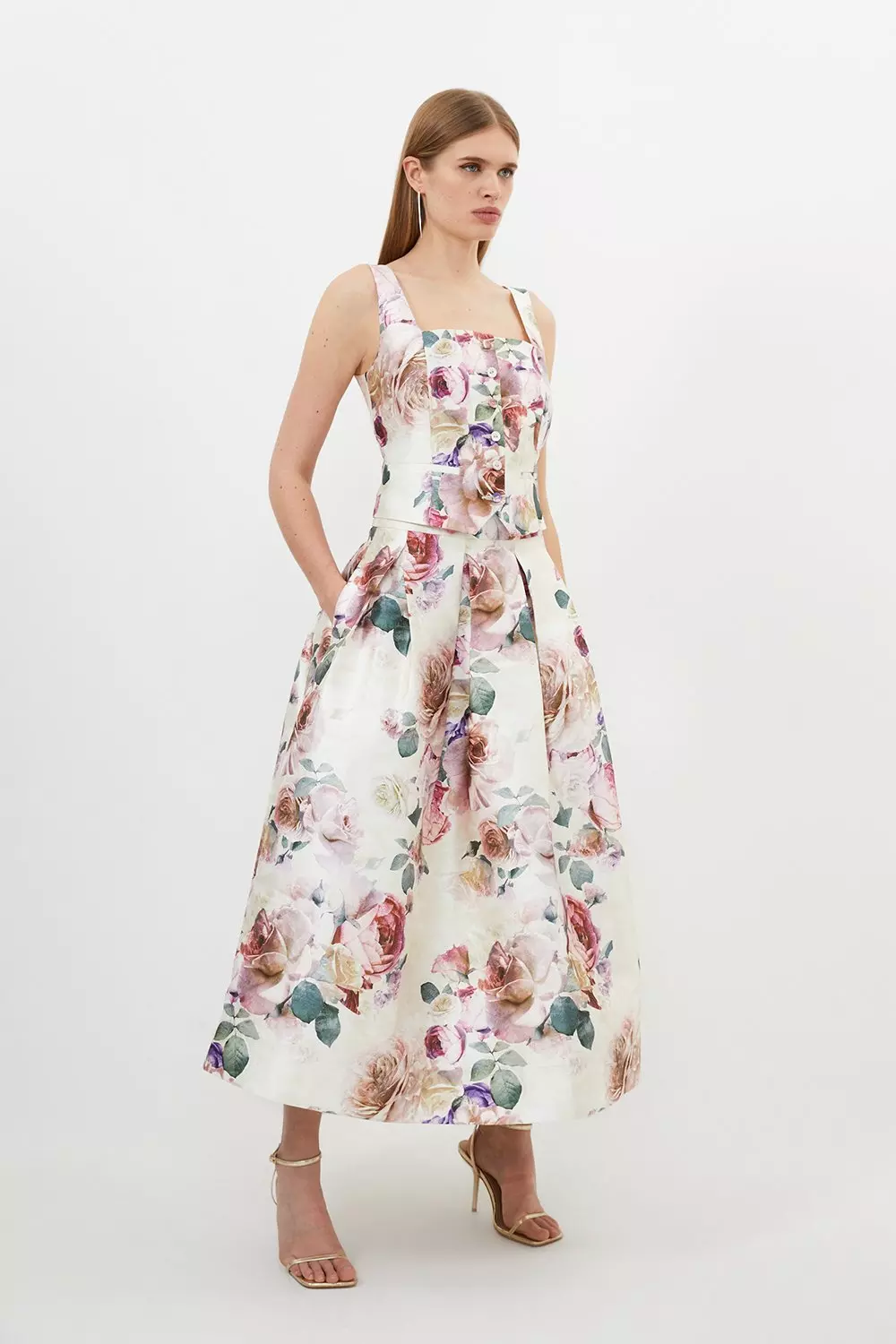 Romantic Floral Print Woven Prom Midi Skirt | Karen Millen