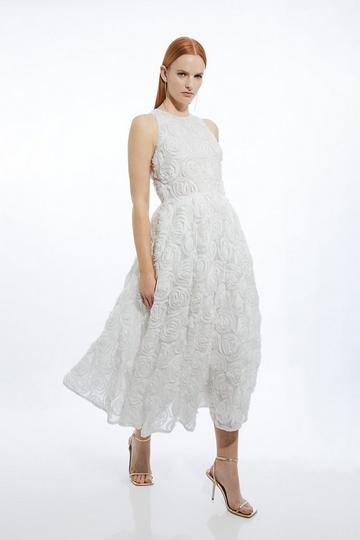 Romantic Rosette Texture Woven Prom Midi Dress ivory