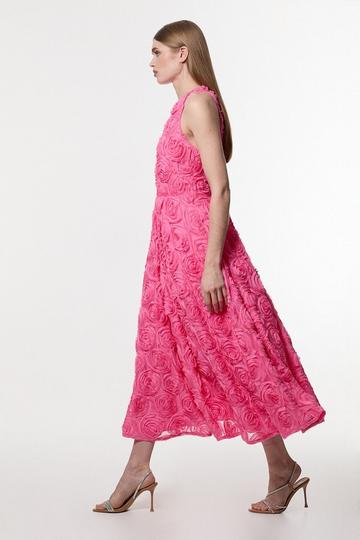 Romantic Rosette Texture Woven Prom Midi Dress pink