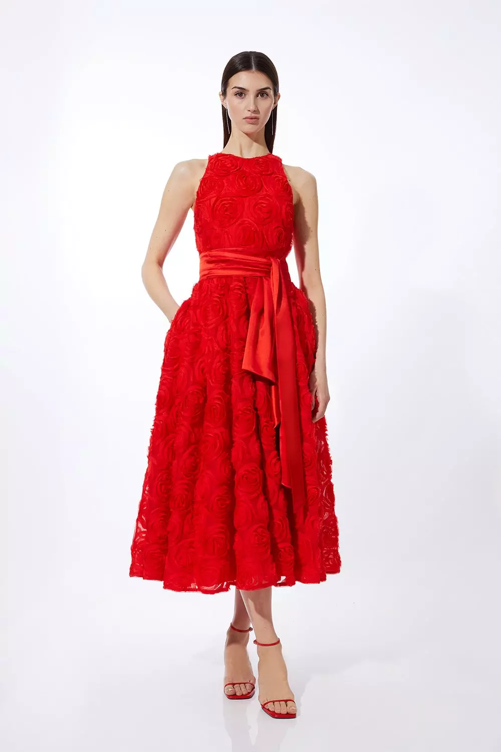 【KAREN MILLEN】カットワーク プロム ミディドレス Romantic Rosette Texture Woven Prom Midi Dress | Karen Millen