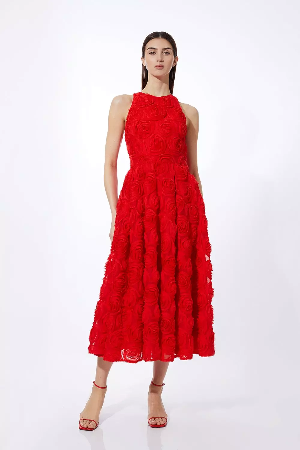 Romantic Rosette Texture Woven Prom Midi Dress | Karen Millen
