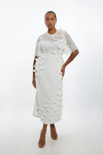 Plus Size Lace Petal Applique Woven High Neck Maxi Dress ivory