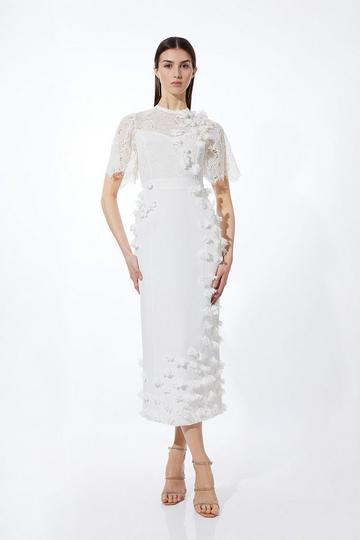Lace Petal Applique Woven High Neck Maxi Dress ivory