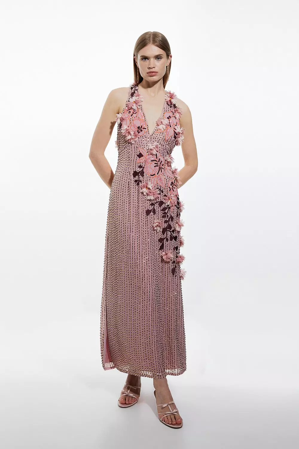 Crystal Embellished Embroidery And Applique Woven Halter Woven Maxi Dress | Karen  Millen