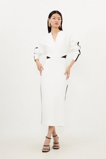 Compact Stretch Contrast Panel Tailored Midi Dress ivory