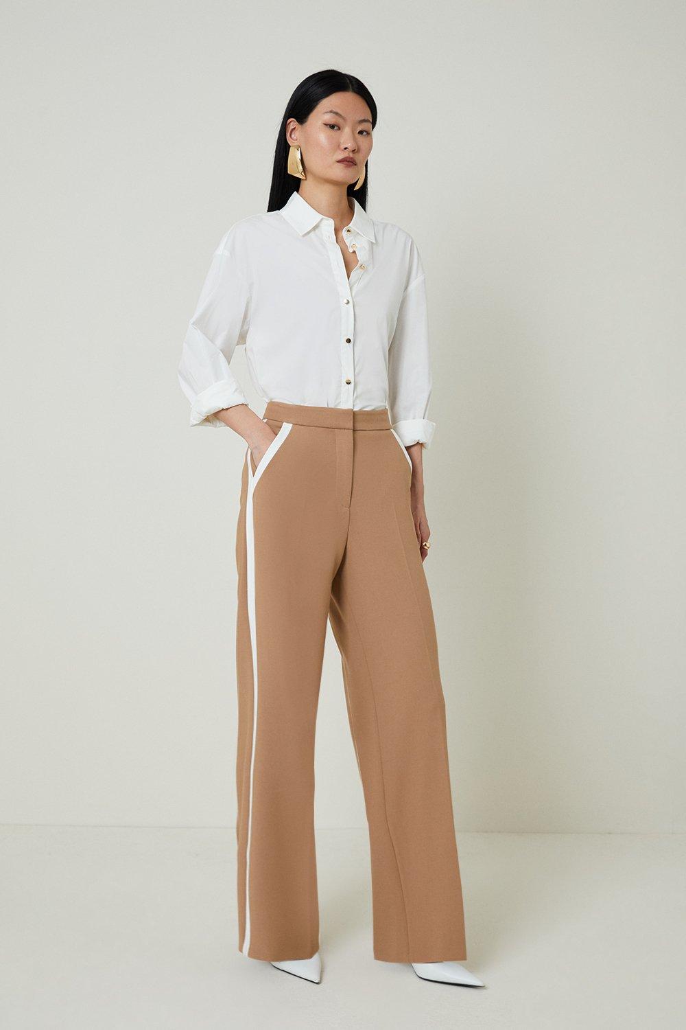 Camel Compact Stretch Contrast Panel Wide Leg Dress Pants