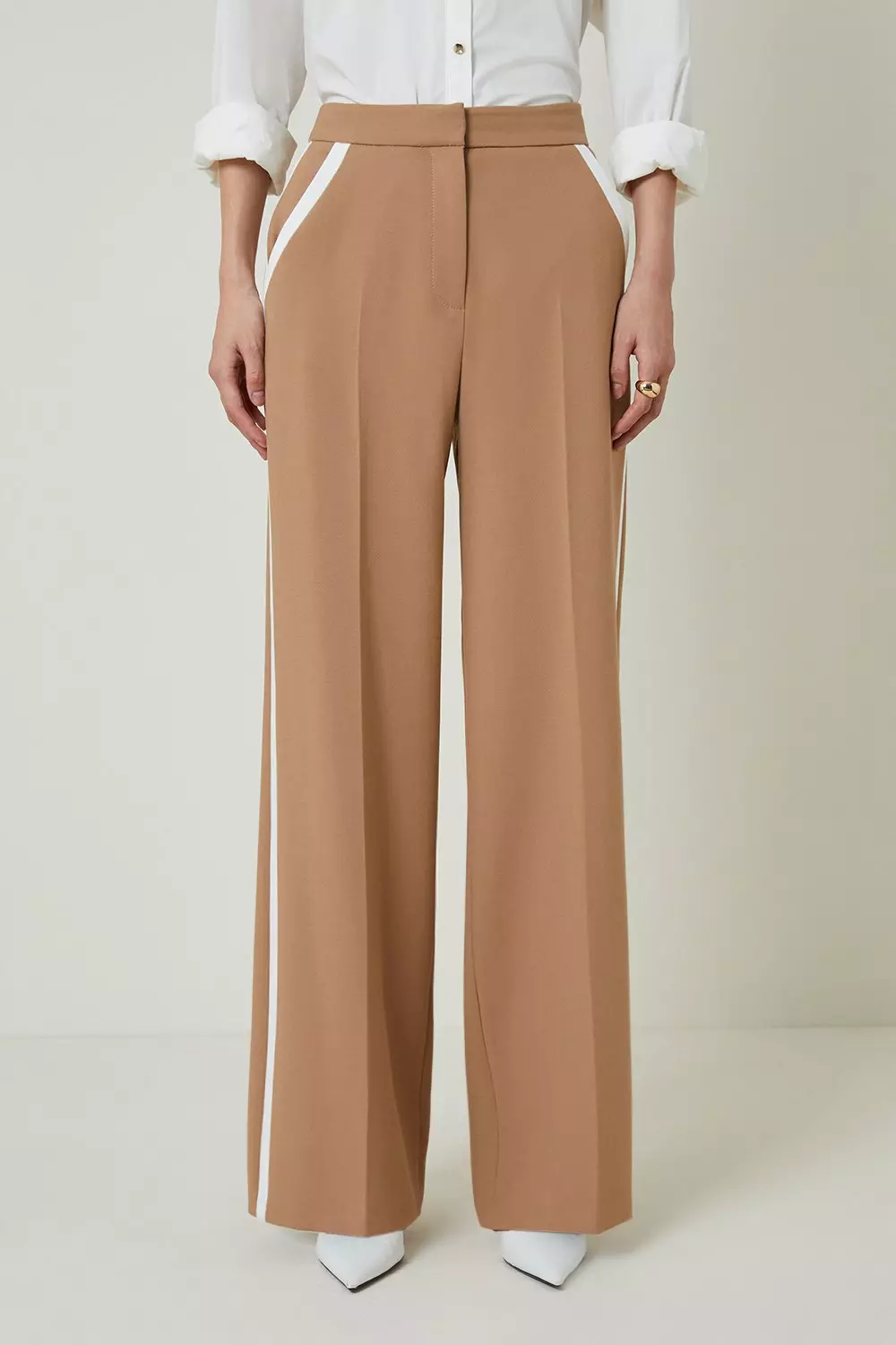 Karen Millen◆ ストレッチ コントラスト スラックス Compact Stretch Contrast Panel Wide Leg Dress Pants | Karen