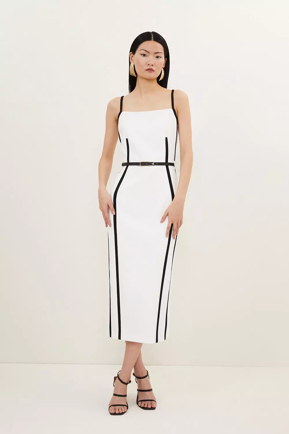 Petite Compact Stretch Contrast Tailored Belted Midi Dress Karen Millen