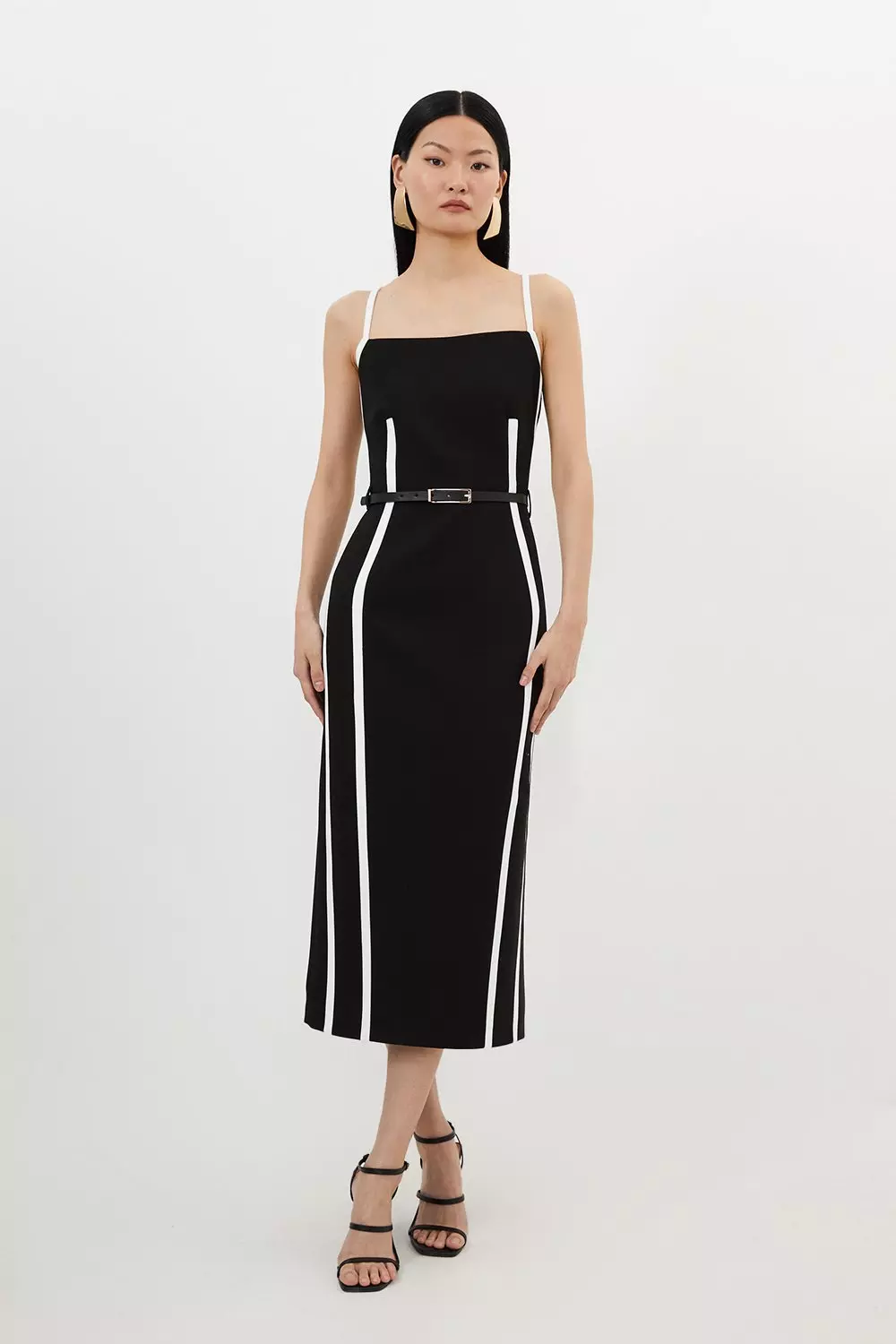 Compact Stretch Contrast Tailored Belted Midi Dress Karen Millen