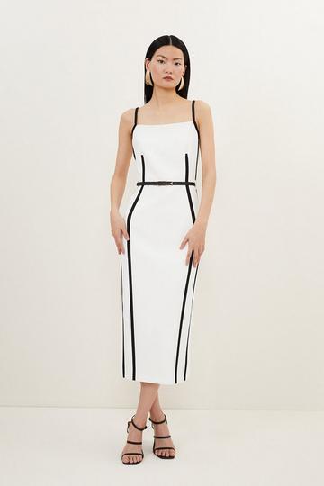 Compact Stretch Contrast Tailored Belted Midi Dress ivory