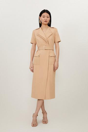 Compact Stretch Wrap Belted Tailored Midi Dress camel