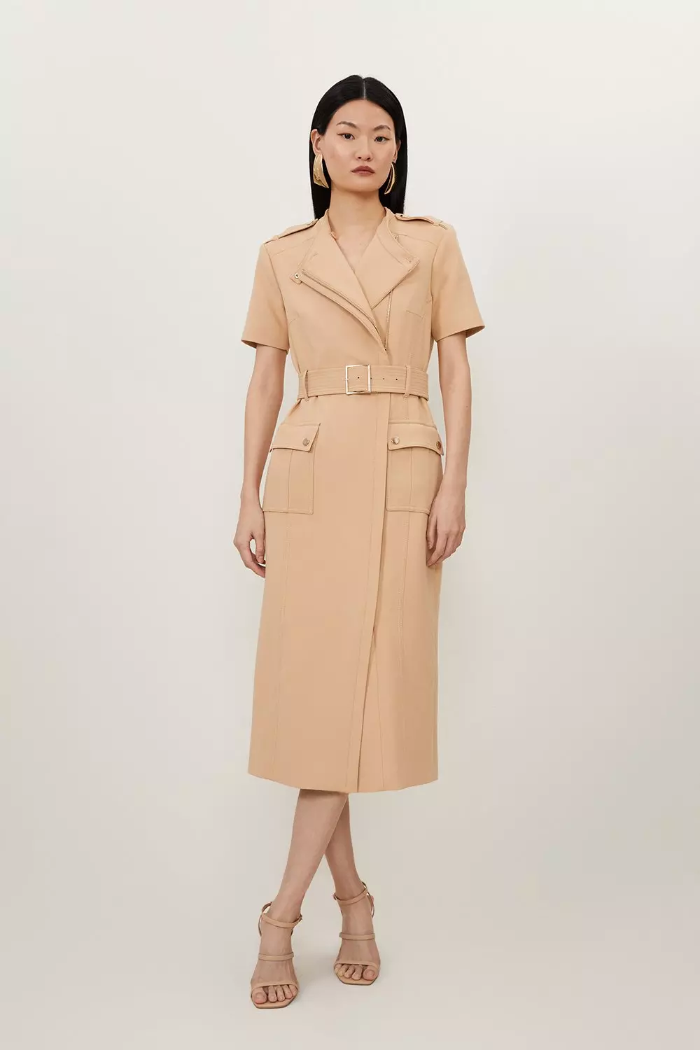 Compact Stretch Wrap Belted Tailored Midi Dress Karen Millen
