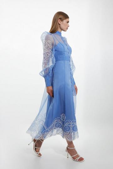 Petite Embroidered Floral Woven Button Up Maxi Dress blue