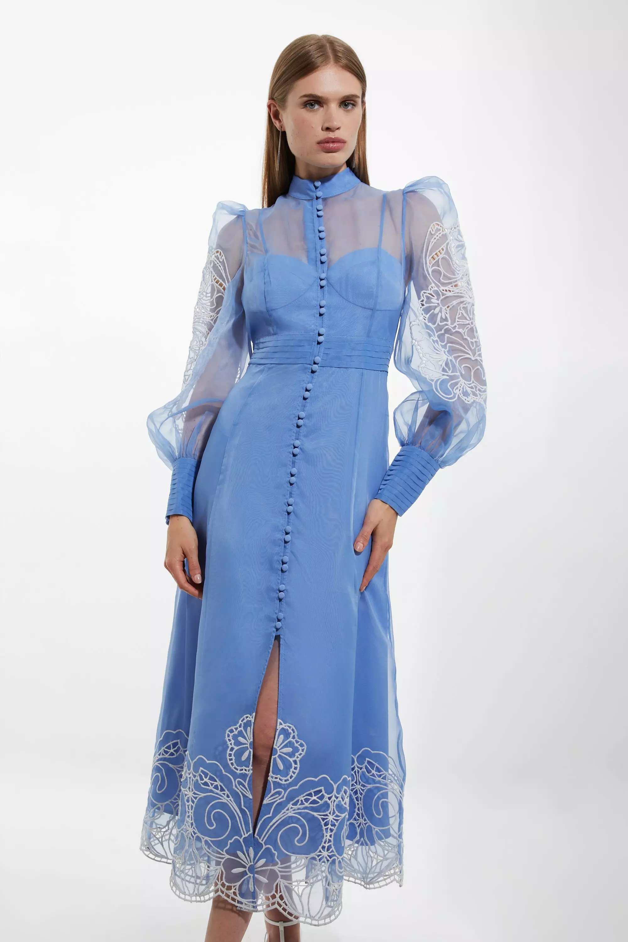 Petite Embroidered Floral Woven Button Up Maxi Dress | Karen