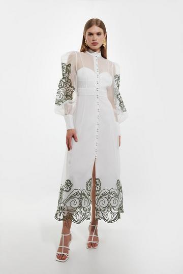 Petite Embroidered Floral Woven Button Up Maxi Dress ivory