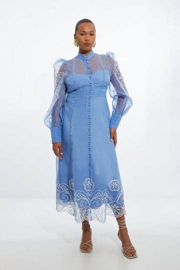 Plus Size Embroidered Floral Woven Button Up Maxi Dress blue