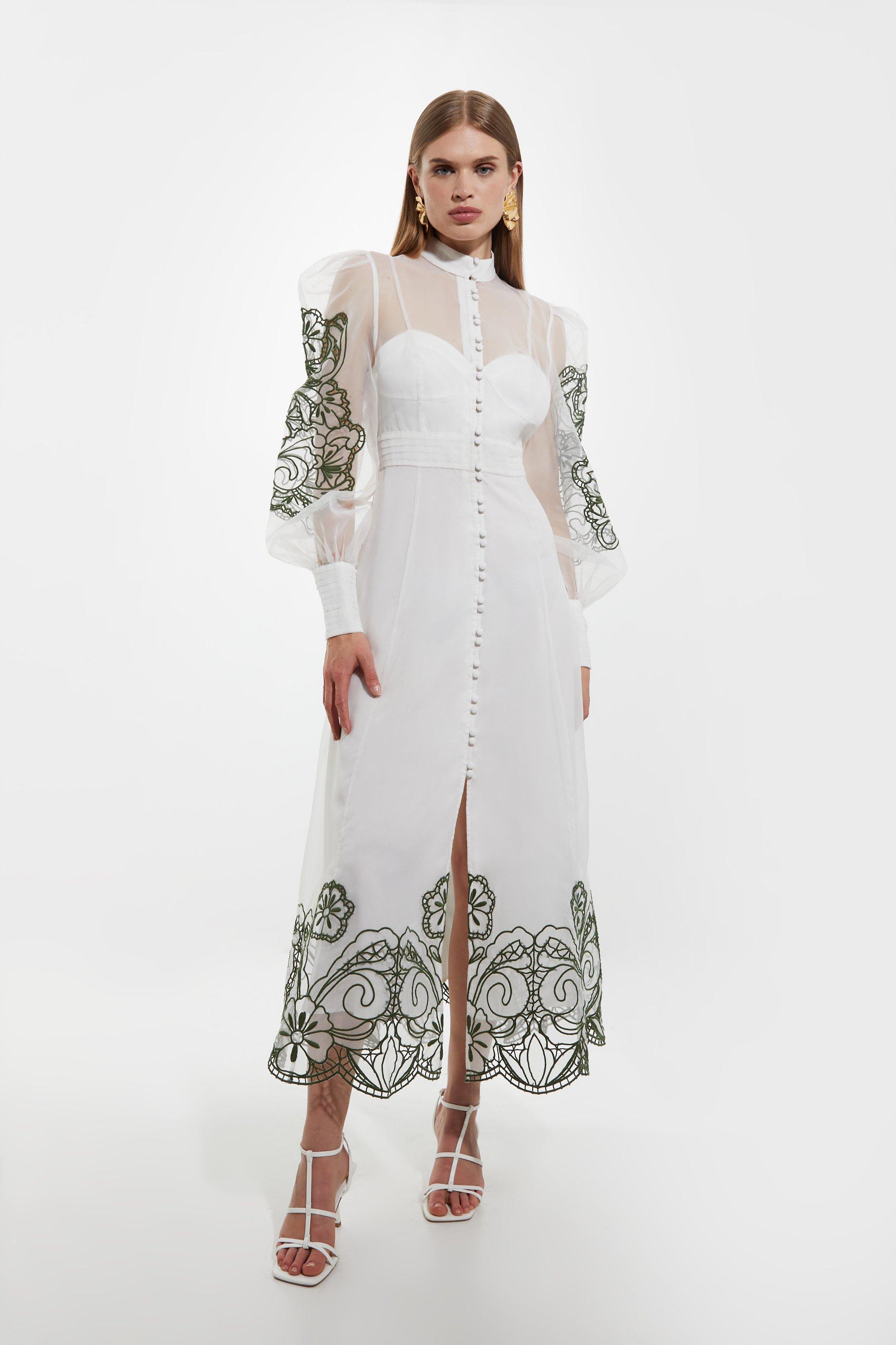 Tall Embroidered Floral Woven Button Up Maxi Dress | Karen Millen