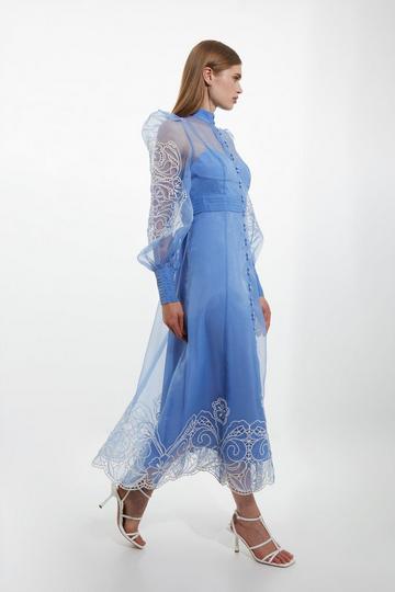 Embroidered Floral Woven Button Up Maxi Dress blue