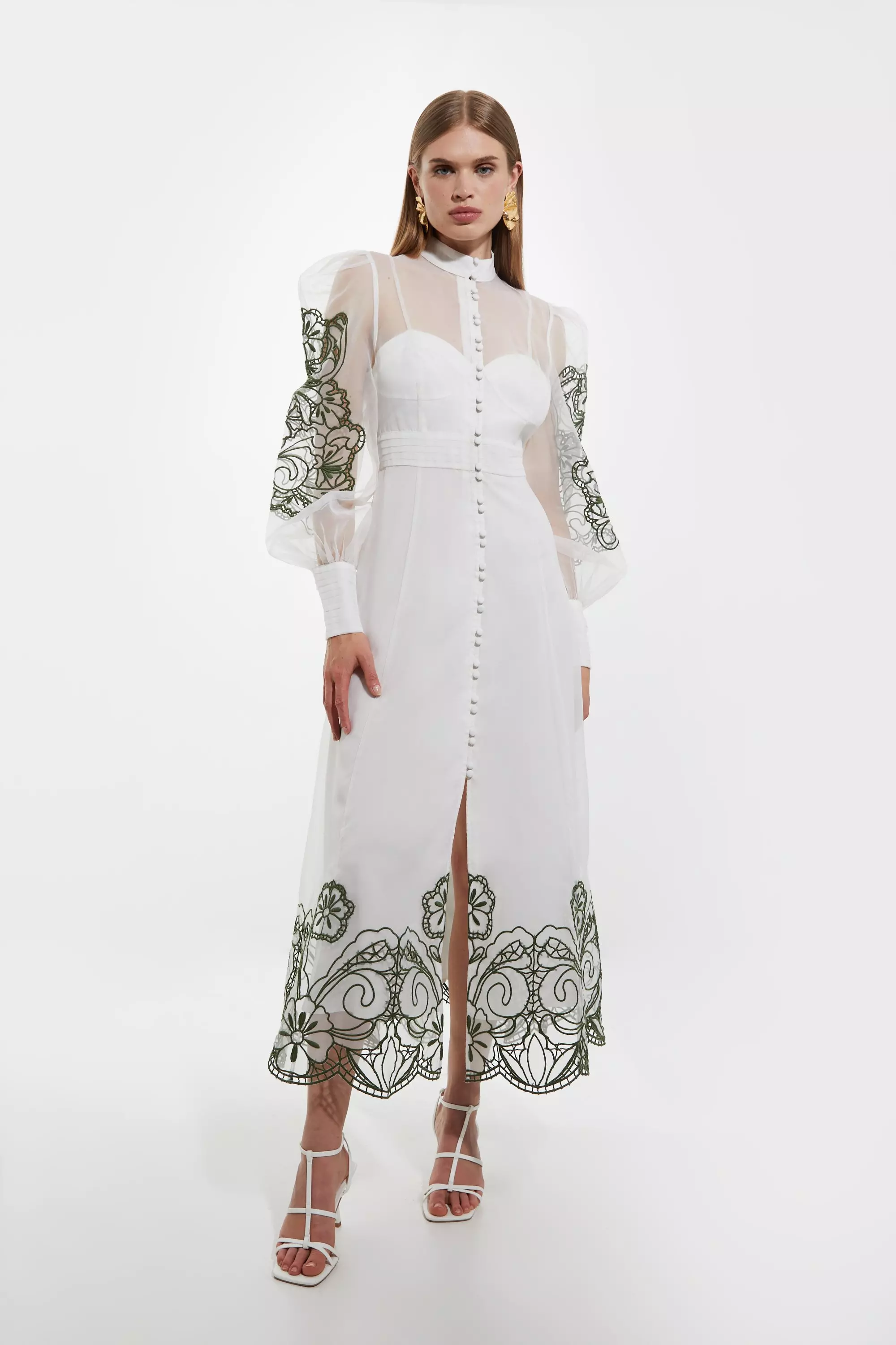 Embroidered Floral Woven Button Up Maxi Dress Karen Millen