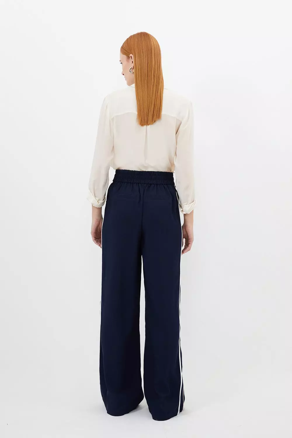 Contrast Piping Satin Back Crepe Woven Straight Leg Pants | Karen Millen