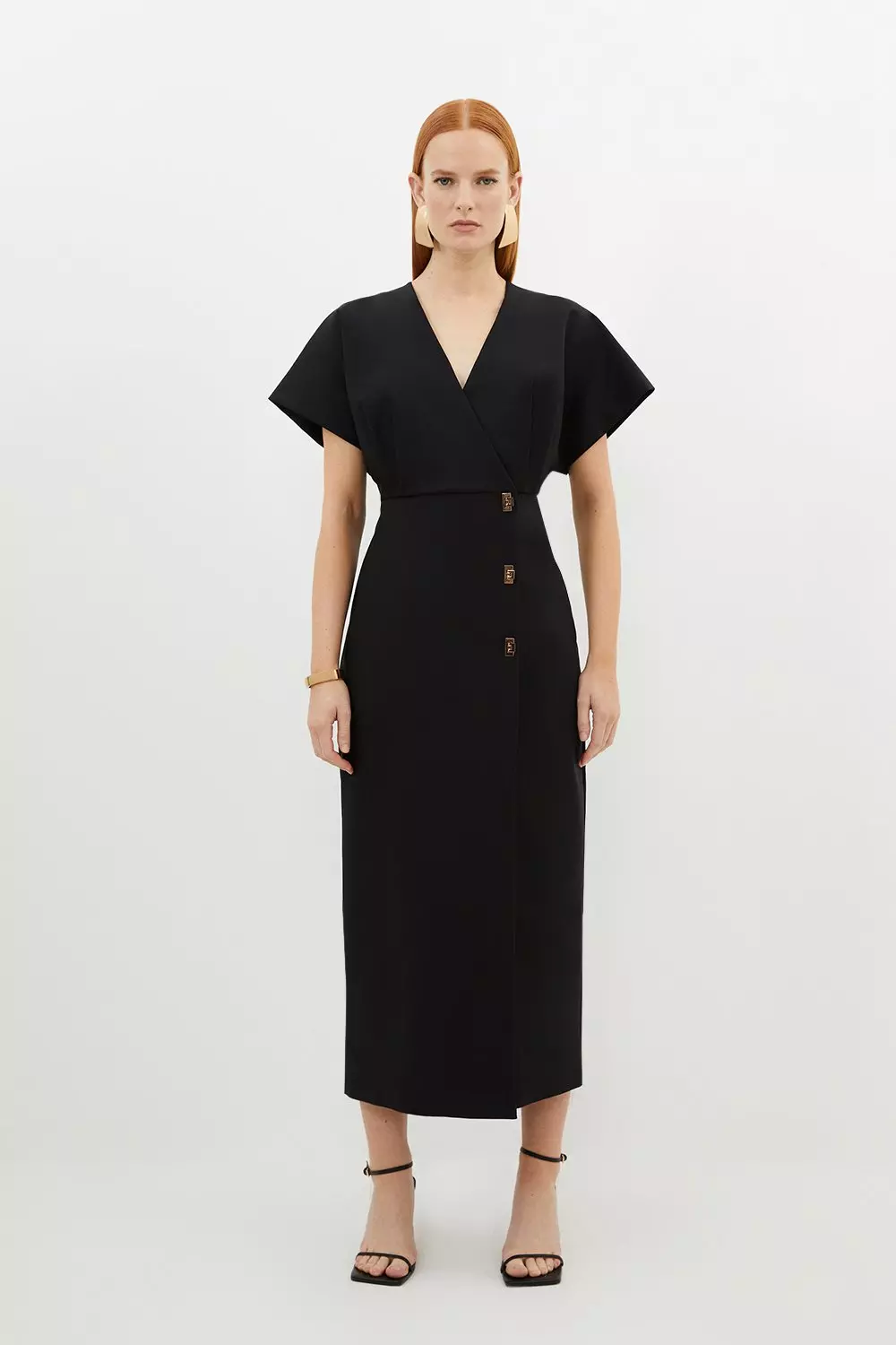 Techno Cotton Woven Midi Dress With Gold Clasp Karen Millen