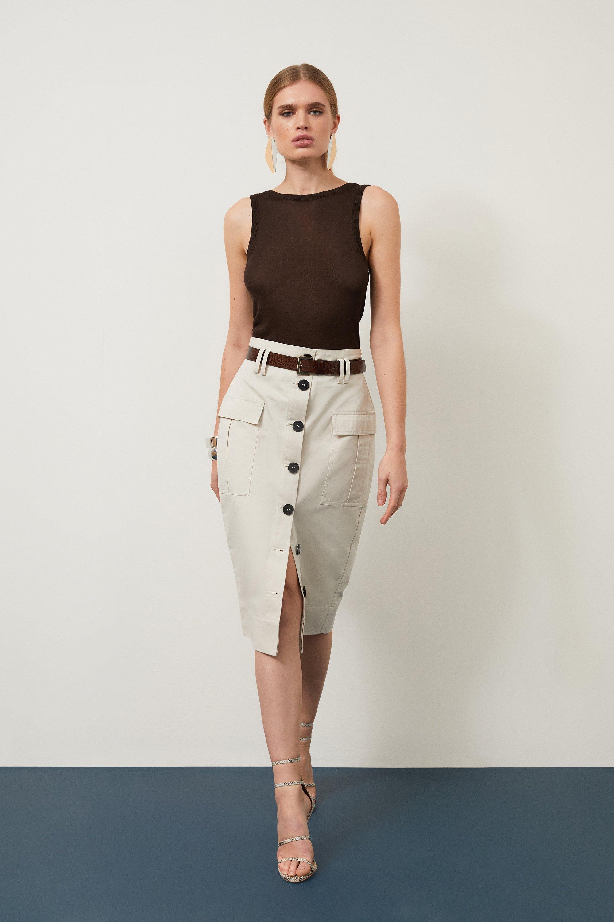 Twill Canvas Cargo Pocket Button Front Belted Tailored Midi Skirt Karen Millen