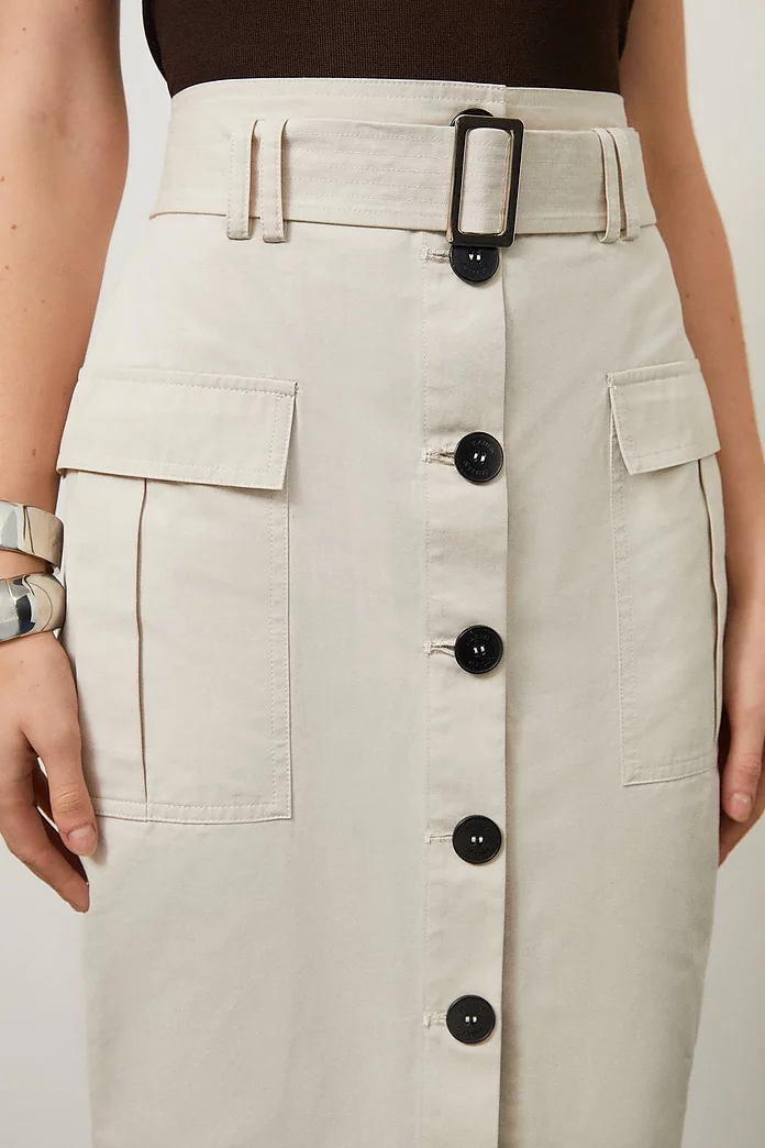Twill Canvas Cargo Pocket Button Front Belted Tailored Midi Twill Canvas Cargo Pocket Button Front Belted Tailored Midi