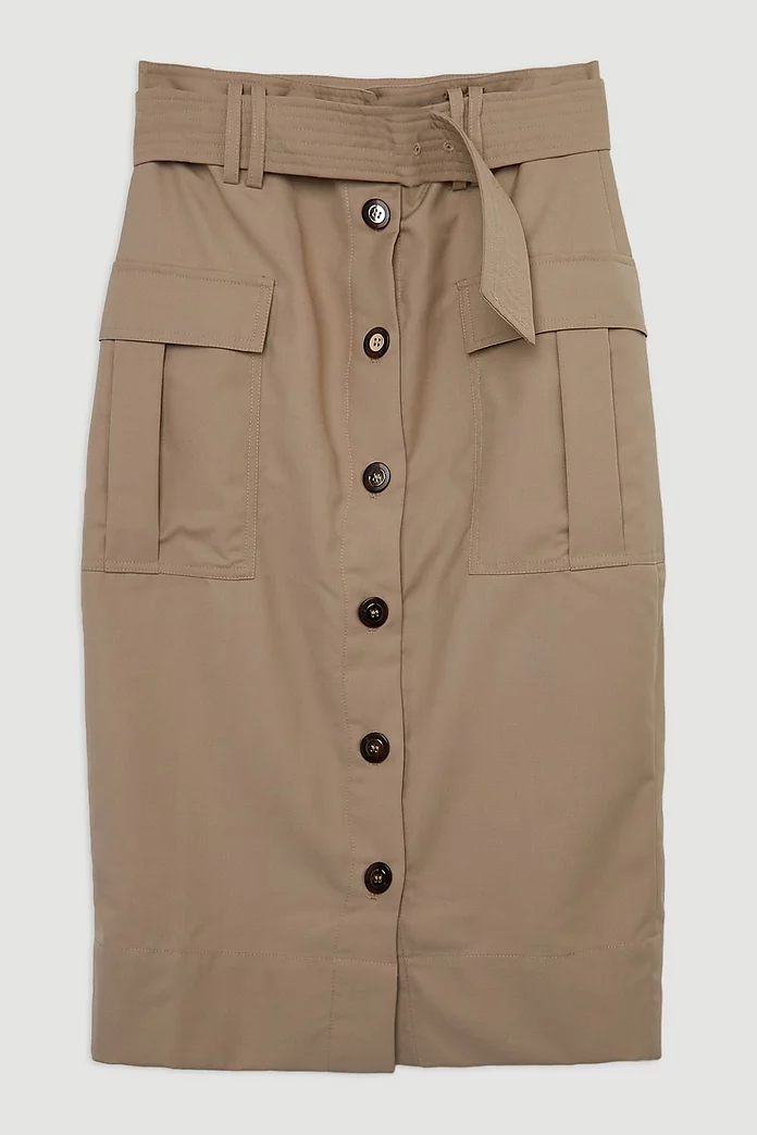 Twill Canvas Cargo Pocket Button Front Belted Tailored Midi Twill Canvas Cargo Pocket Button Front Belted Tailored Midi