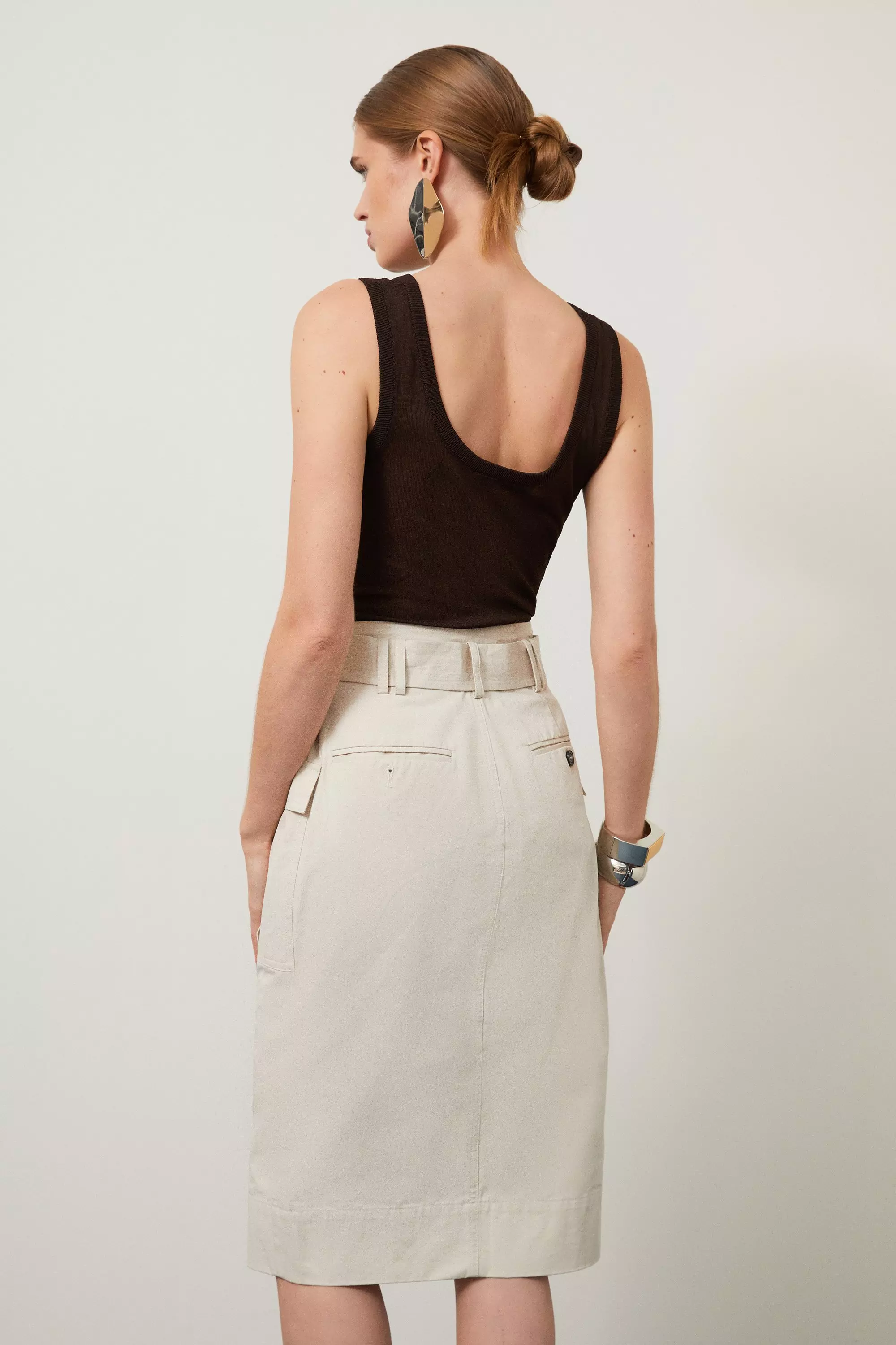 Twill Canvas Cargo Pocket Button Front Belted Tailored Midi Skirt Karen Millen