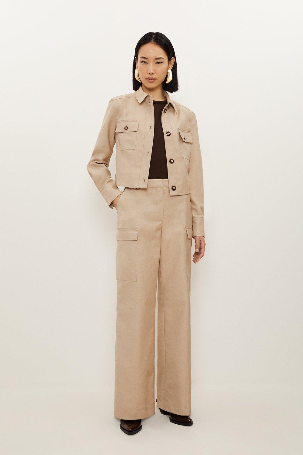 Tan Twill Canvas Cargo Pockets Wide Leg Tailored Trousers