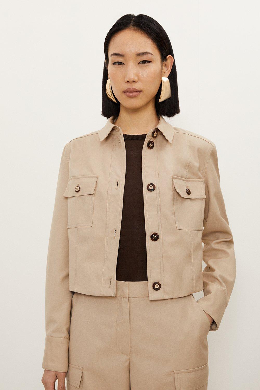 Tan Twill Canvas Front Pocket Tailored Cropped Jacket