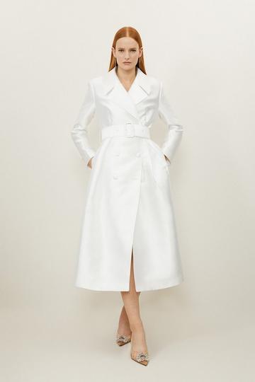 Satin Twill Tailored Full Skirted Belted Midaxi Dress ivory