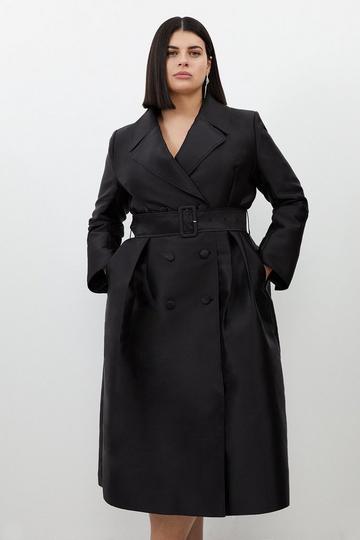 Black Plus Size Satin Twill Tailored Full Skirted Belted Maxi Coat