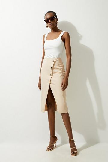 Techno Cotton Woven Pencil Skirt With Gold Clasp sand