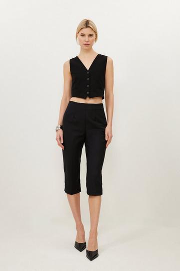 Black Techno Cotton Woven Crop Trouser With Gold Clasp