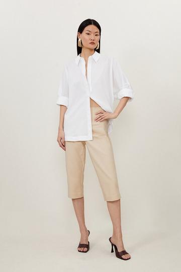 Techno Cotton Woven Crop Pants With Gold Clasp sand