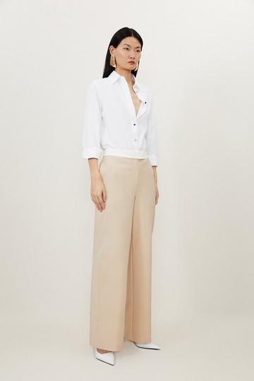 Techno Cotton Woven Wide Leg Pants With Gold Clasp sand