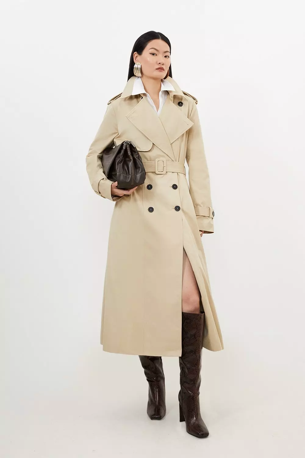 Camel Full Skirt Maxi Trench Coat alternative image